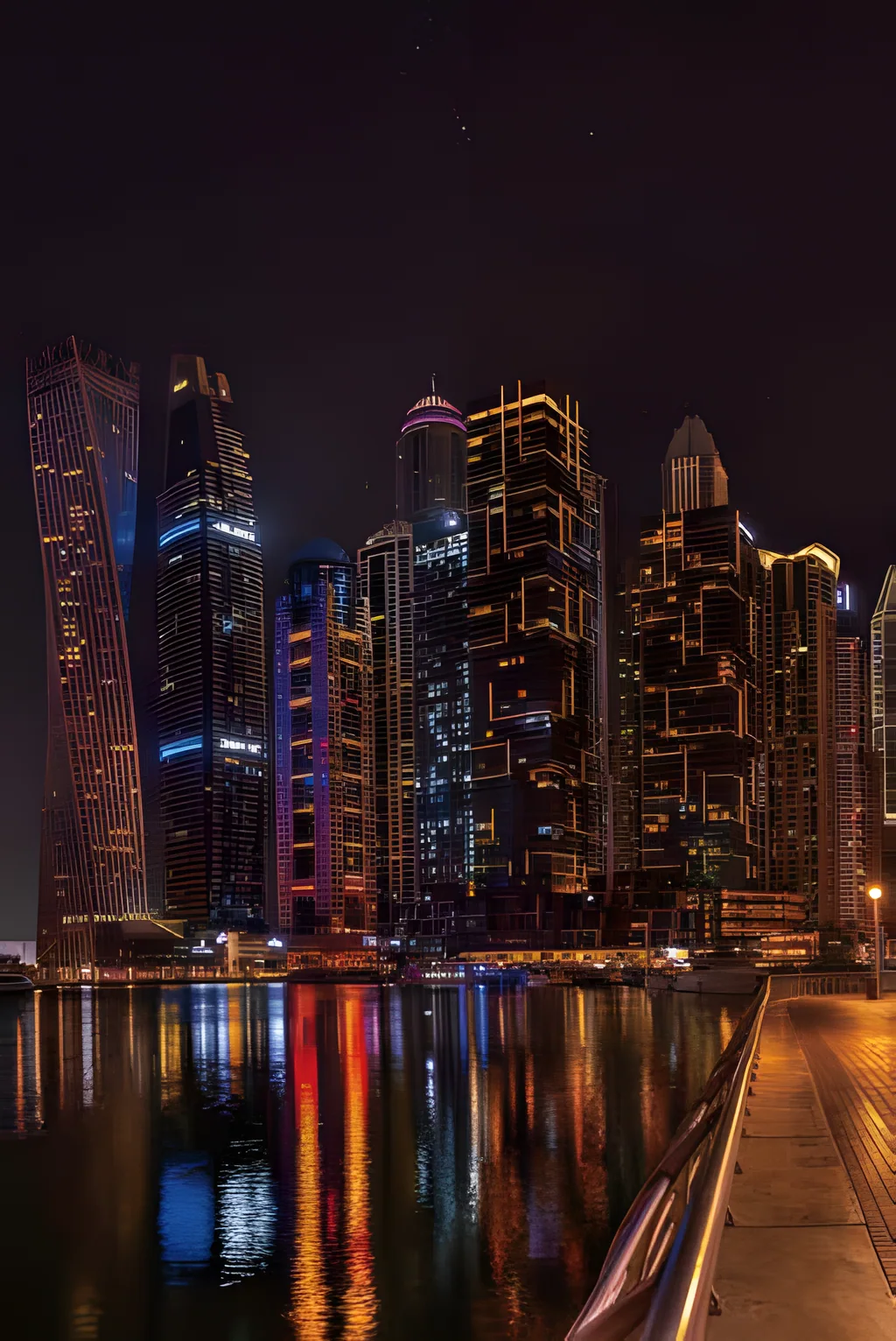 Illustrative application photo: Waterfront towers lit in colour at night.