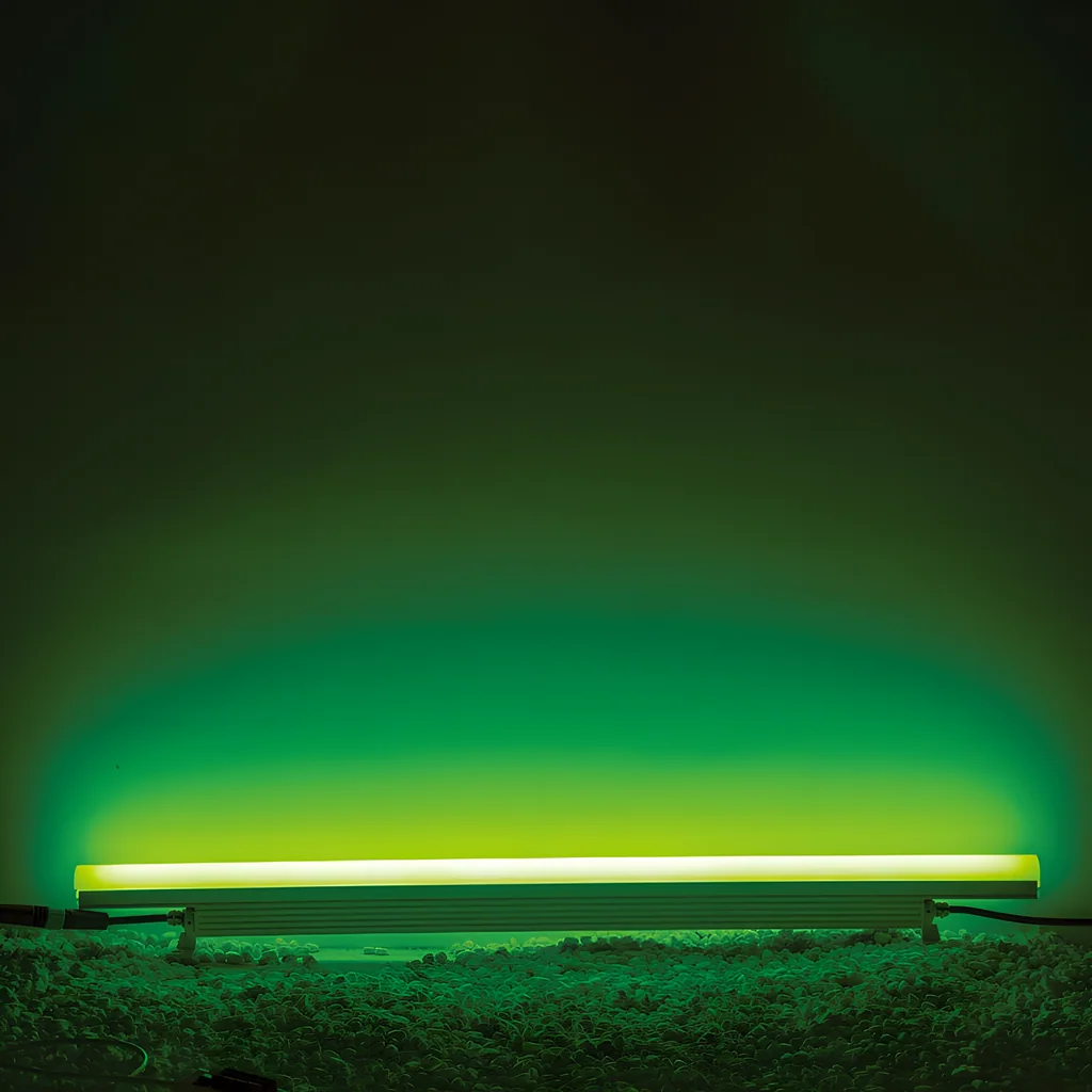 Illustrative application photo: Green wall-wash from a ground-mounted linear light.