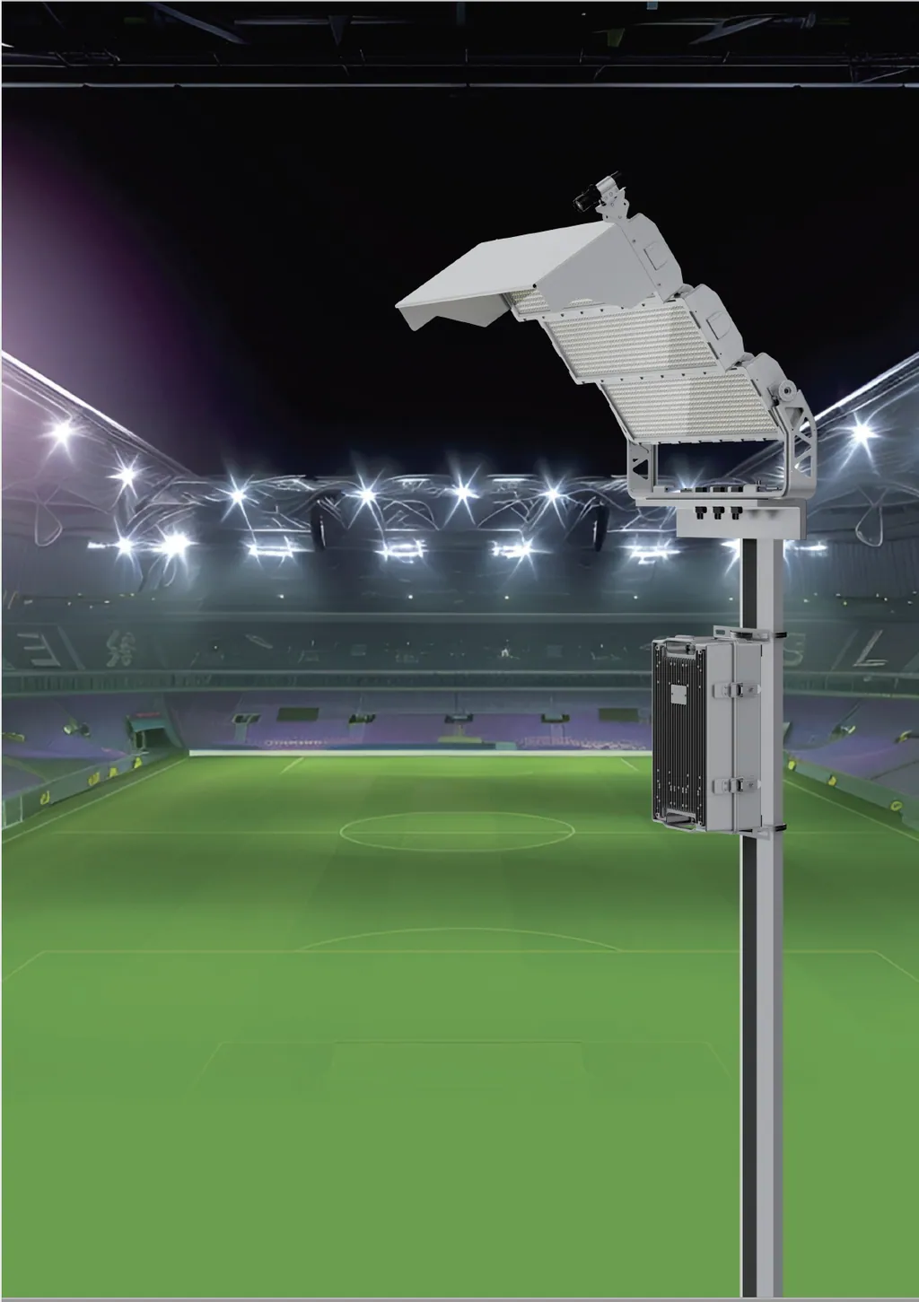 Visualisation of the AI-OS-LG floodlight on a mast against a stadium pitch