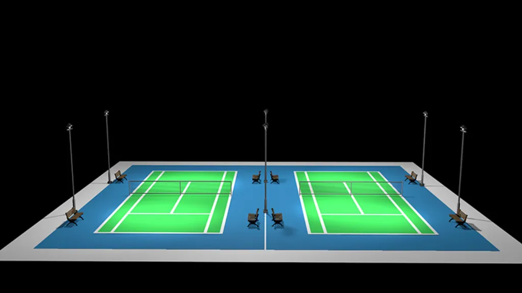 Rendered lighting layout for two outdoor courts on six floodlight poles