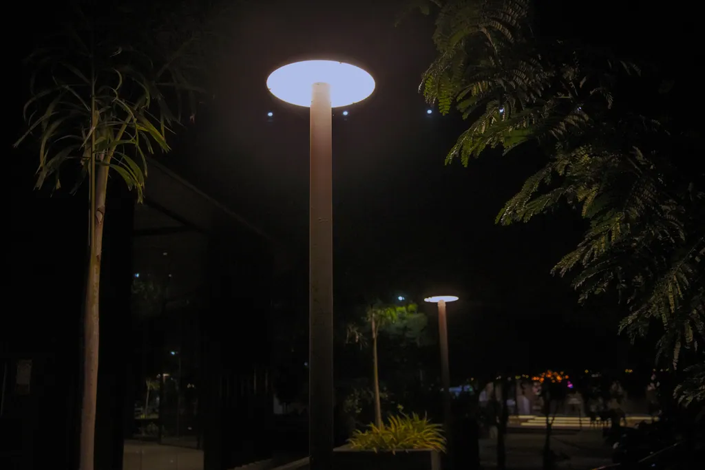 A disc post top between trees, lit from beneath its head