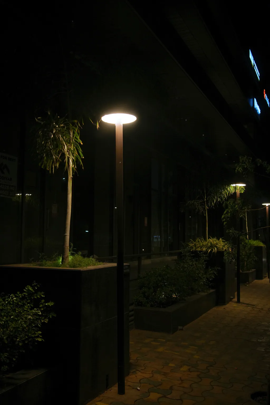 A disc post top beside a planter on the paved walkway