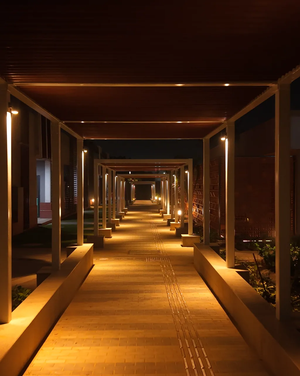 A covered pergola walkway at night, its paving and columns lit in warm light
