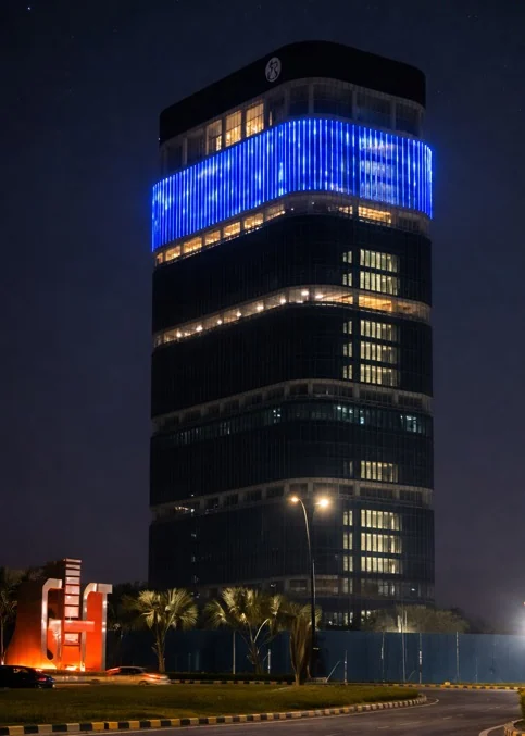 The IFSCA Building crown lit in blue at night, with the GIFT sign in the foreground