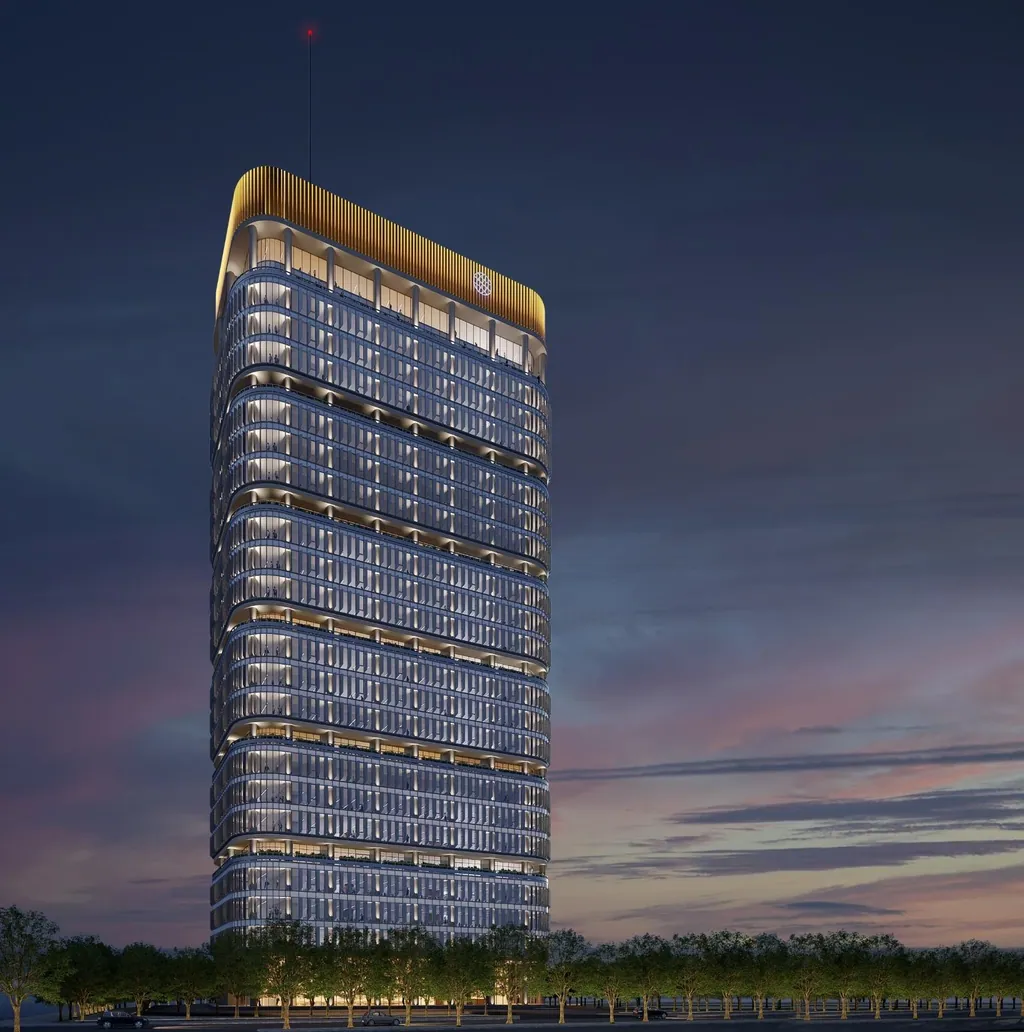 Visualisation: design render of the IFSCA Building at dusk with a lit crown