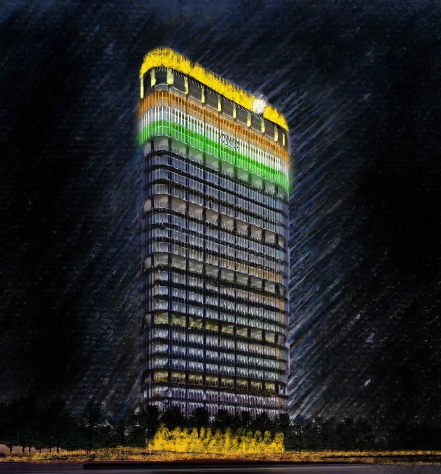 Visualisation: concept sketch of the IFSCA Building with its crown in the tricolour