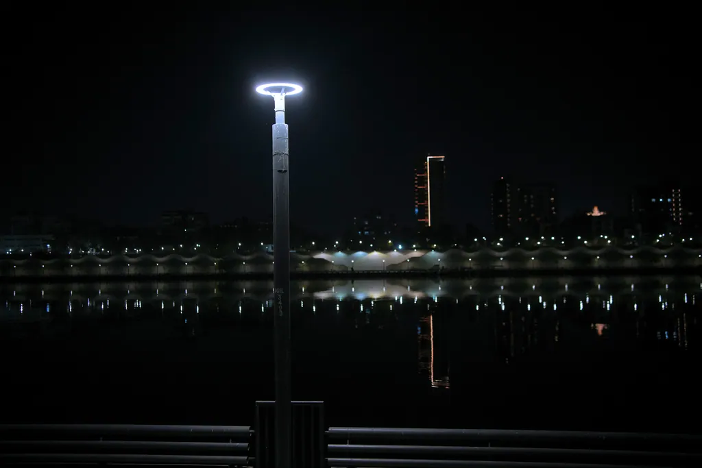A single ring post top against the river and the lit city skyline