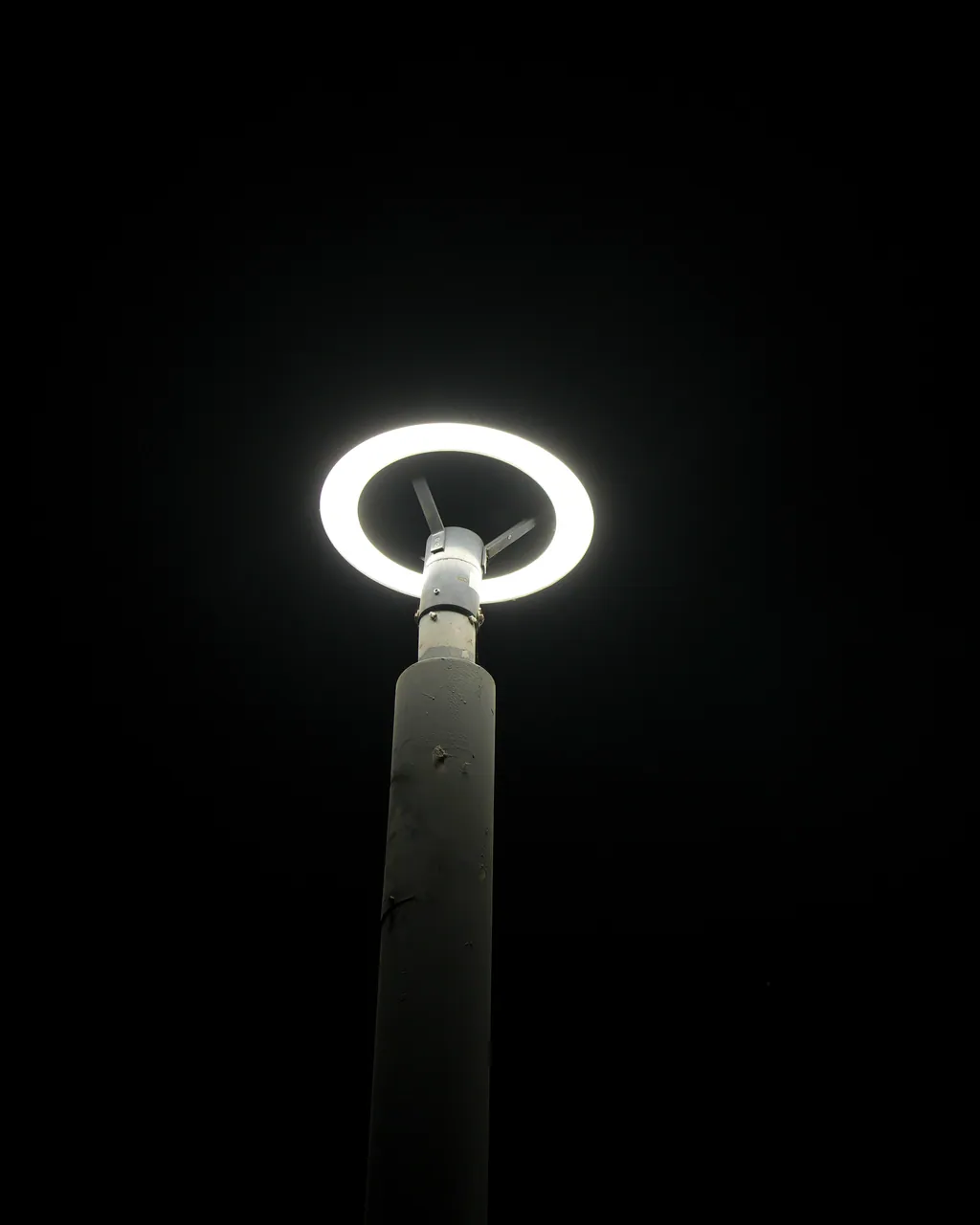 Close view of the ring luminaire on its spoked support at the top of the pole