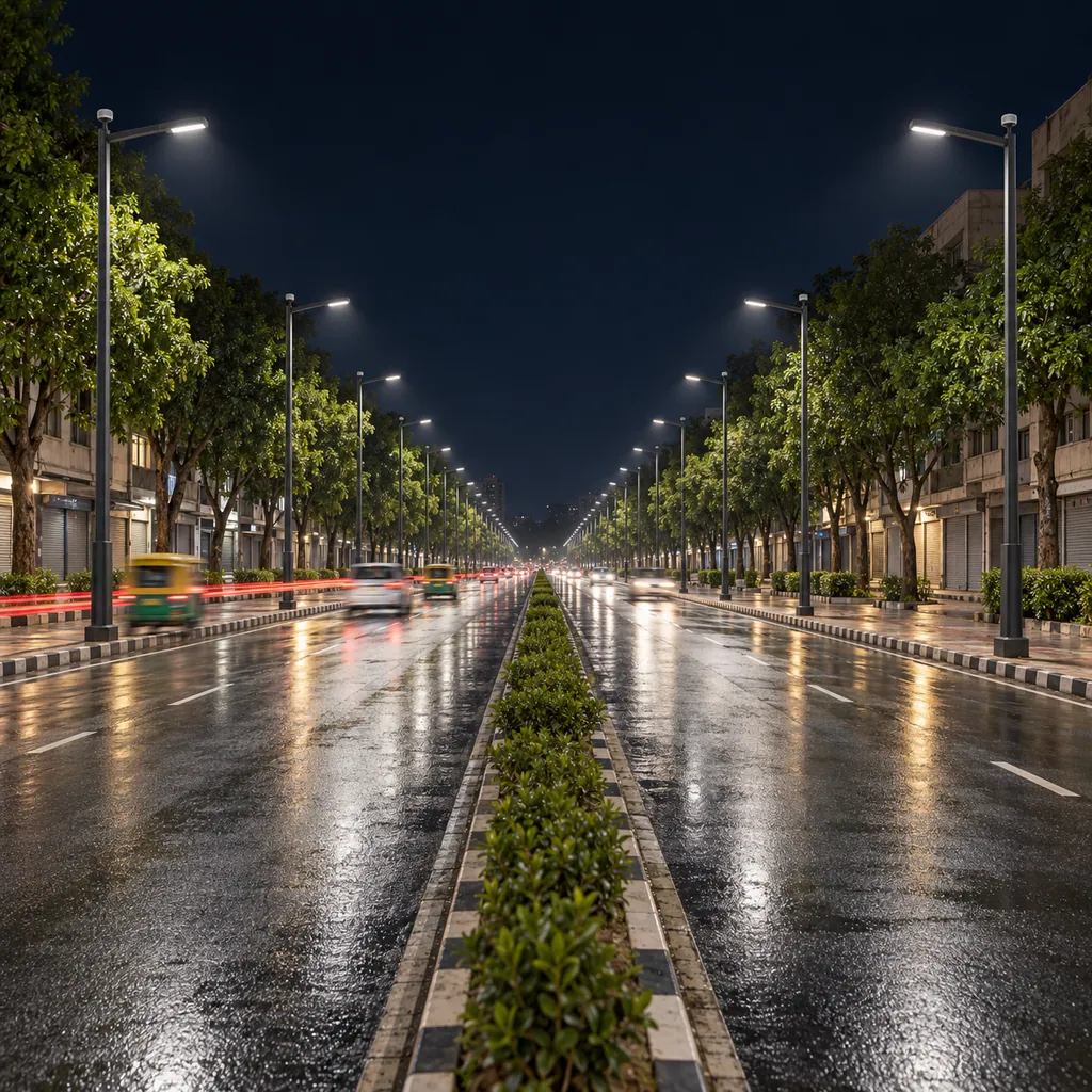 Rain-wet city boulevard at night lined with evenly spaced LED street lights