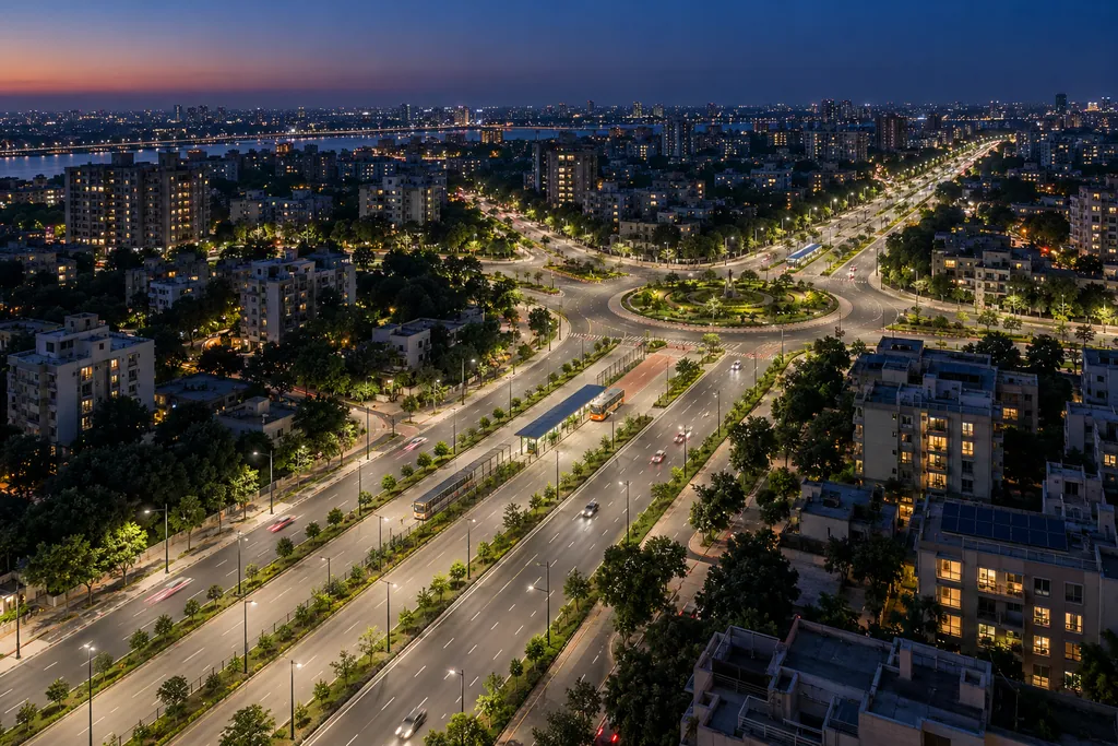 Aerial view at blue hour of a city boulevard and bus corridor lit by evenly spaced LED street lights
