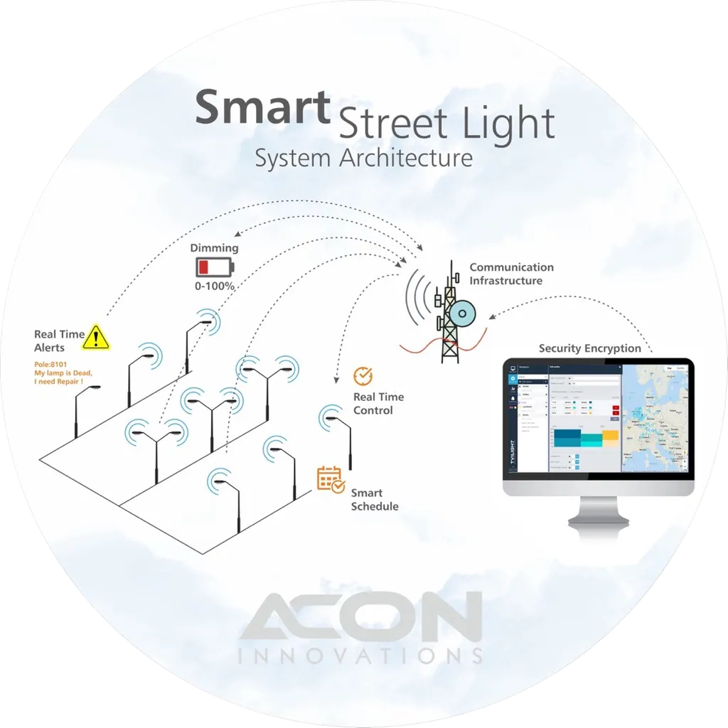 Smart street light system architecture: street lights linked wirelessly to communication infrastructure, with real-time alerts, 0–100% dimming, real-time control and smart schedules; a firewall and security encryption sit between the network and the management software.